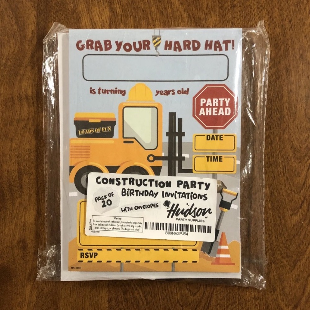 Construction Party Birthday Invitations with Envelopes Pack of 20
